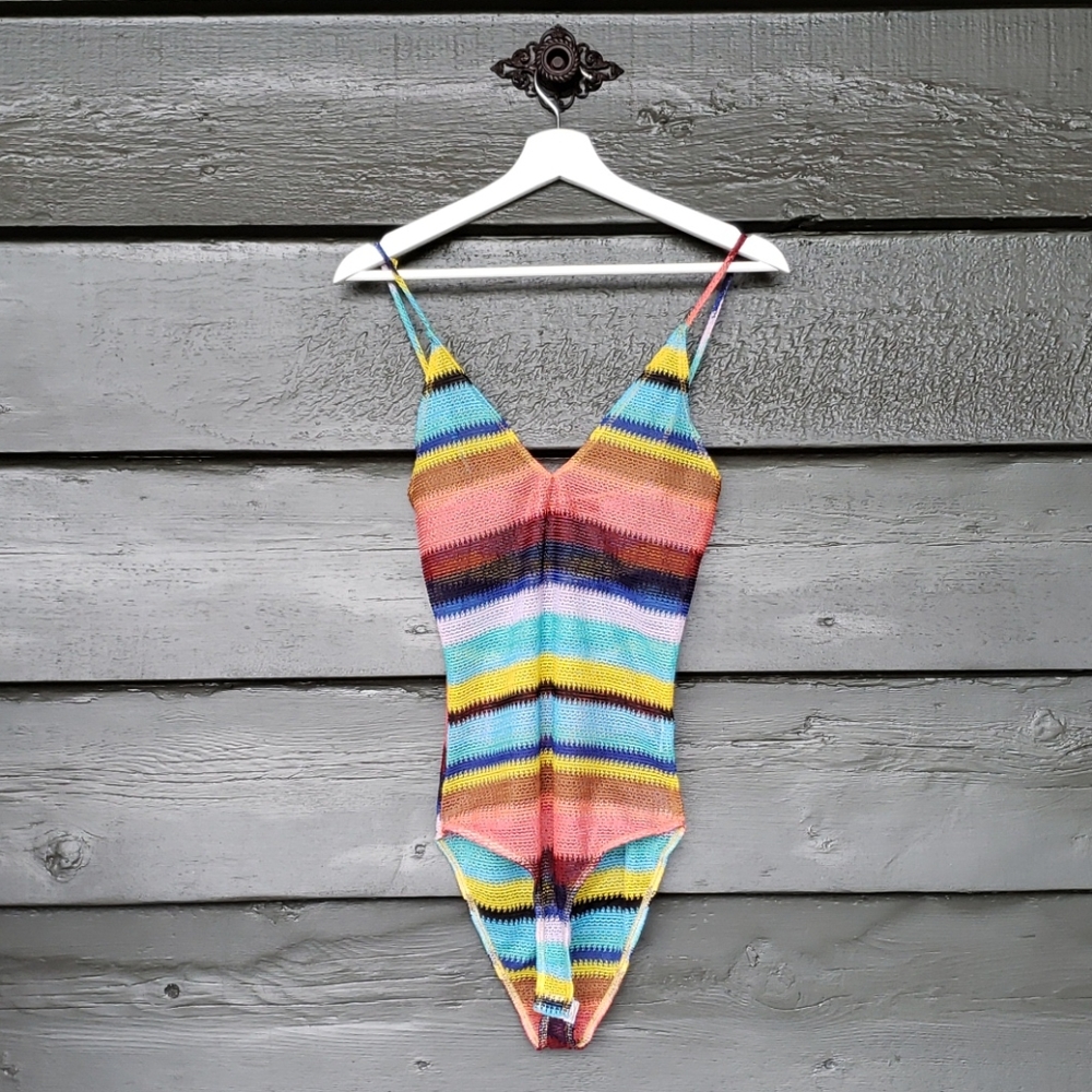 218 ONE BY ONE Striped Crochet Sheer Bodysuit Top sz M Festival Streetwear - Picture 1 of 5